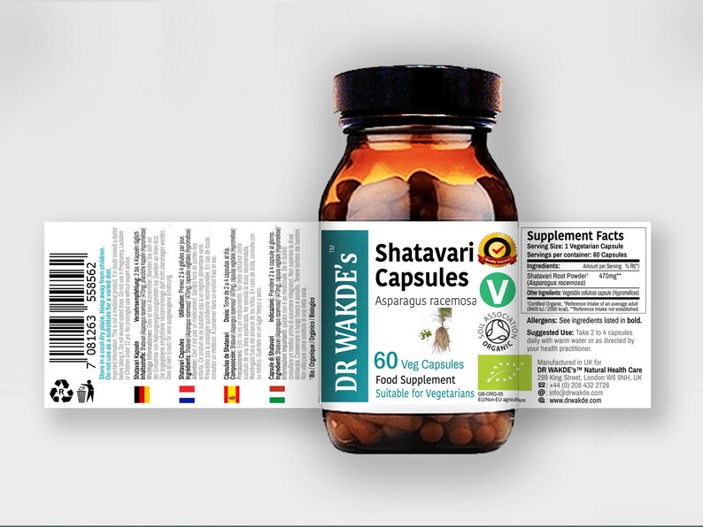 May include: A brown glass bottle with a white label containing 60 vegetarian capsules of Shatavari, a natural supplement made from Asparagus racemosa. The label also includes the brand name "DR WAKDE'S" and the text "Suitable for Vegetarians".