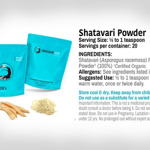 May include: A blue bag of Shatavari Powder, a certified organic root powder. The bag has a white label with the brand name "Dr. Wakde's" and the website "drwande.com". The product description includes serving size, servings per container, ingredients, allergens, suggested use, and storage instructions.