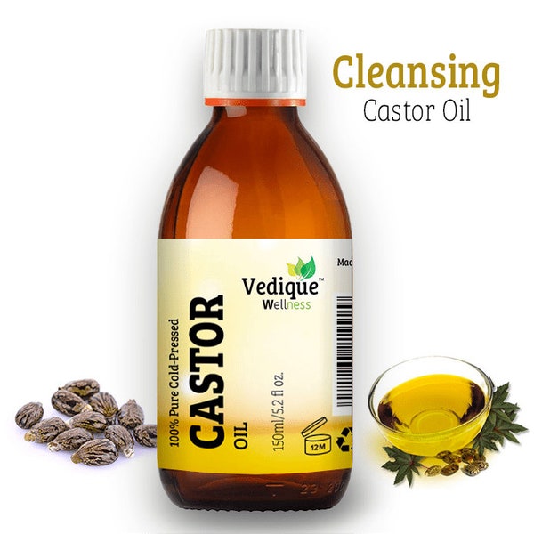 VEDIQUE REMEDIES Castor Oil | 150ml (5.07 fl oz) | 100% Pure and Natural | Virgin Grade | Cold Pressed | For Healthy Hair, Skin & Detox