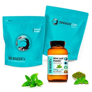 May include: An image of Dr. Wakde's products, including two turquoise pouches and a glass jar of mint leaf powder. The jar contains 3.5 oz of powder. Fresh mint leaves and a small bowl of powder are also visible.