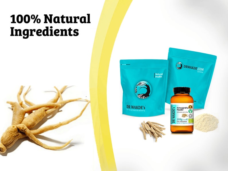 May include: Two blue bags with the text "DR WAKDE'S" and "DRWAKDE.COM" on them. A brown bottle with a white label that says "Ashwagandha Powder 100g e" is in front of the bags. A pile of dried roots and a pile of white powder are also in the image. The text "100% Natural Ingredients" is in the top left corner of the image.