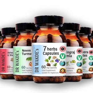 May include: A set of ten brown glass bottles with white labels containing herbal supplements. Each bottle features a different herb and the text "DR WAKDE'S" and "60 Veg Capsules". The labels also include the name of the herb, such as "Ashw & Sha" and "Neem Turme".