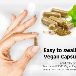 May include: Close-up of a hand holding a brown vegan capsule. The capsule is easy to swallow and made from plant-based HPMC.  "Easy to swallow Vegan Capsules. Specifically designed plant-based HPMC Vegan Capsules made from natural cellulose fibre."