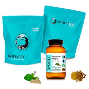 Peut inclure: Deux sacs turquoise avec le texte "DR WAKDE'S" et "Natural Health" dessus. Une bouteille en verre brun avec une étiquette blanche qui indique "Punarnava Powder" et "DR WAKDE'S". La bouteille contient une poudre brun clair.