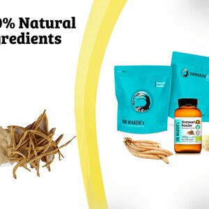 May include: Two blue bags of Shatavari powder, a brown glass bottle of Shatavari powder, and a pile of beige powder. The bags have the text "DR WAKDE'S" and "DRWAKDE.COM" on them. The bottle has the text "Shatavari Powder" and "100g (3.5oz)" on it. The text "100% Natural Ingredients" is in the top left corner of the image.