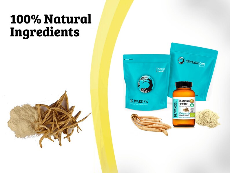 May include: Two blue bags of Shatavari powder, a brown glass bottle of Shatavari powder, and a pile of beige powder. The bags have the text "DR WAKDE'S" and "DRWAKDE.COM" on them. The bottle has the text "Shatavari Powder" and "100g (3.5oz)" on it. The text "100% Natural Ingredients" is in the top left corner of the image.