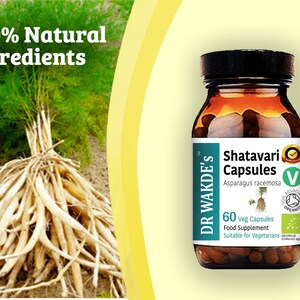 May include: A brown glass bottle with a white label that reads "DR WAKDE'S Shatavari Capsules Asparagus racemosa 60 Veg Capsules Food Supplement Suitable for Vegetarians". The bottle contains capsules and has a green and white organic certification label.