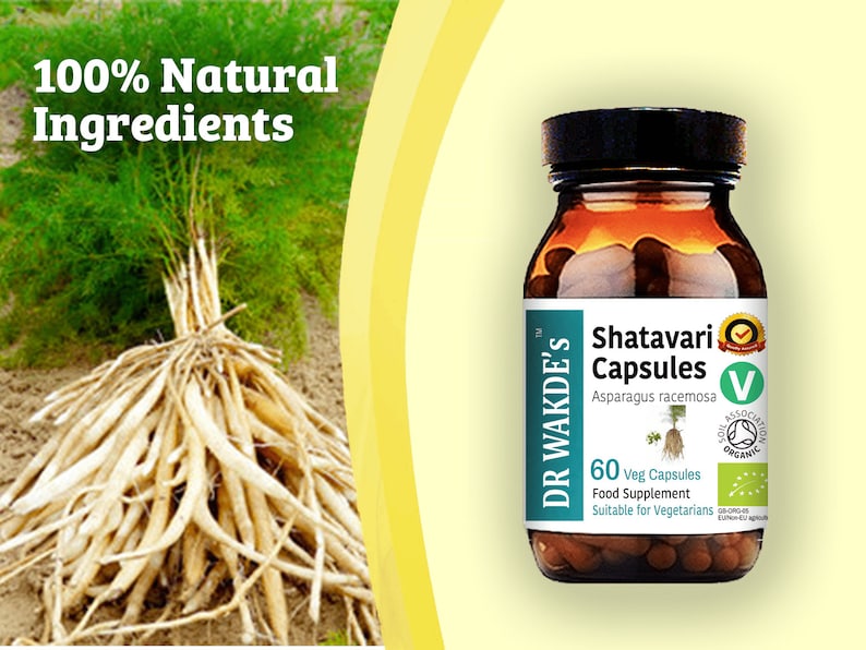 May include: A brown glass bottle with a white label that reads "DR WAKDE'S Shatavari Capsules Asparagus racemosa 60 Veg Capsules Food Supplement Suitable for Vegetarians". The bottle contains capsules and has a green and white organic certification label.