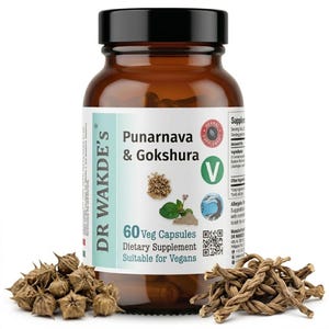 May include: A brown glass bottle of Dr. Wakde's Punarnava & Gokshura dietary supplement with a black cap. The label features the text 60 Veg Capsules, a green V symbol, and illustrations of the plant ingredients. Dried plant parts sit at the base.