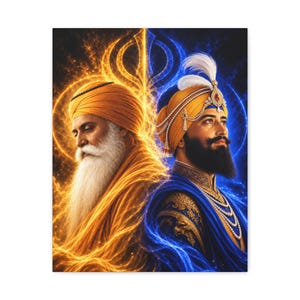May include: A digital artwork featuring two figures in turbans, one with a long white beard in orange robes against a golden light, and the other with a dark beard in blue and gold attire against a blue light, with a Khanda symbol above.