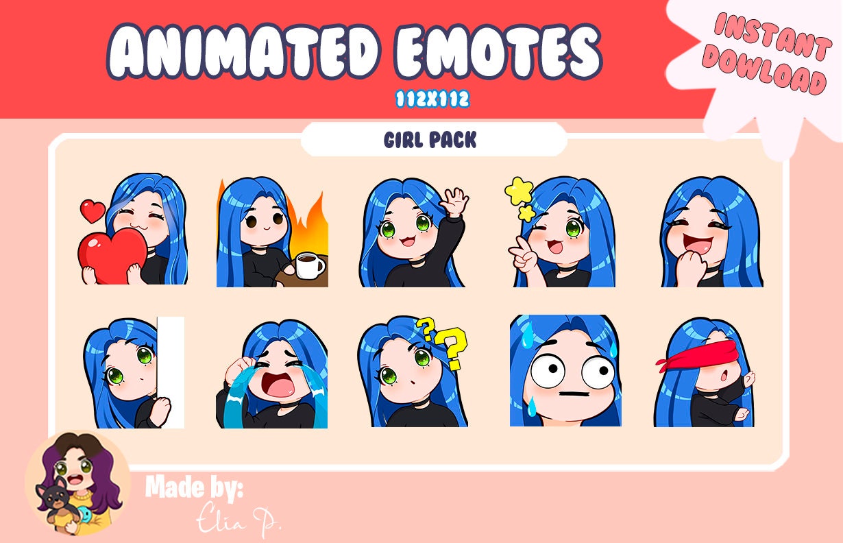 Animated girl blue hair and green eyes Twitch Emotes / Youtube / Badge / Emote / Twitch