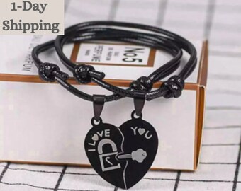 Fashion Couple Bracelets for Women and Men Heart Black Stainless Steel Key Lock Two Halves Paired. Nice Gift for Valentine’s Day.