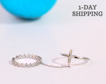 Fashion Cross Knuckle Ring with Chain Tassel Half Open Crystal Index Finger Ring Silver Prom Party Festival Accessories for Women and Girls