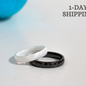 Black and White Ceramic Ring: High Polished, Metal-Free