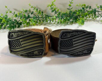 Leather Belt with Silver or Bronze Rectangular Flag Buckle