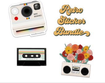 Retro Sticker Bundle | Cassette Tape, Polaroid Camera, Boombox | Waterproof / UV Resistant Vinyl Sticker | Decals for Laptop