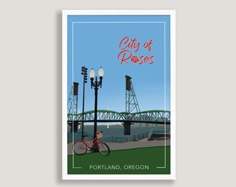 Portland Oregon City of Roses Travel Poster Illustration