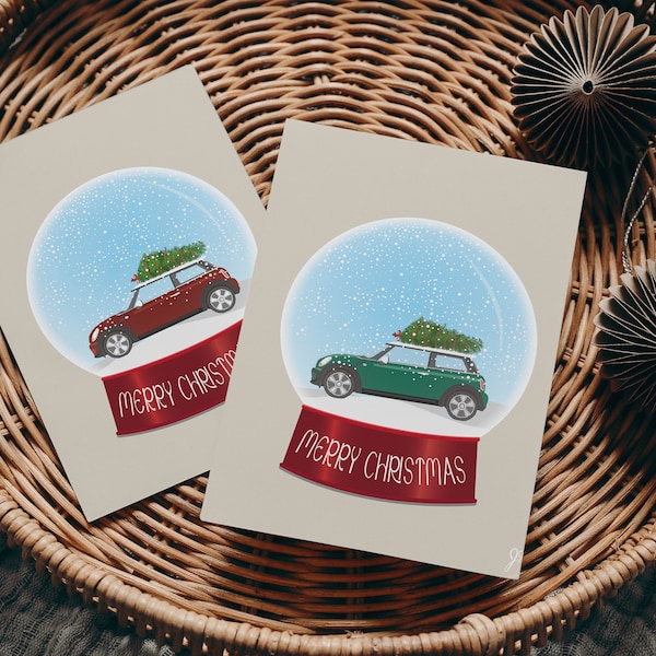 Mini Cooper Christmas Tree | Snow Globe | Holiday Card | Blank Inside | 8 Colors