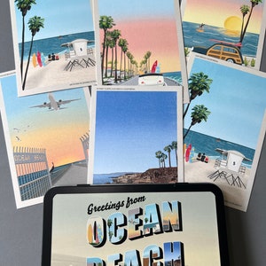 Juego de postales retro Ocean Beach San Diego en lata recargable