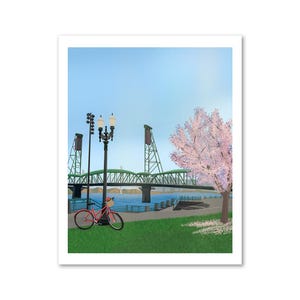 Limited Edition Signed Hawthorne Bridge Art Print | Cherry Blossoms & Bicycle | Portland, Oregon Illustration