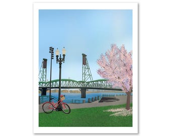 May include: A red bicycle with a basket is parked under a street lamp near a green bridge. A cherry blossom tree is in the foreground. The sky is blue and the water is calm.