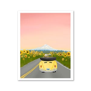 Limited Edition Signed Mt. Hood Art Print with Sunflowers | Oregon Scenic Illustration | PNW Mountain Wall Art