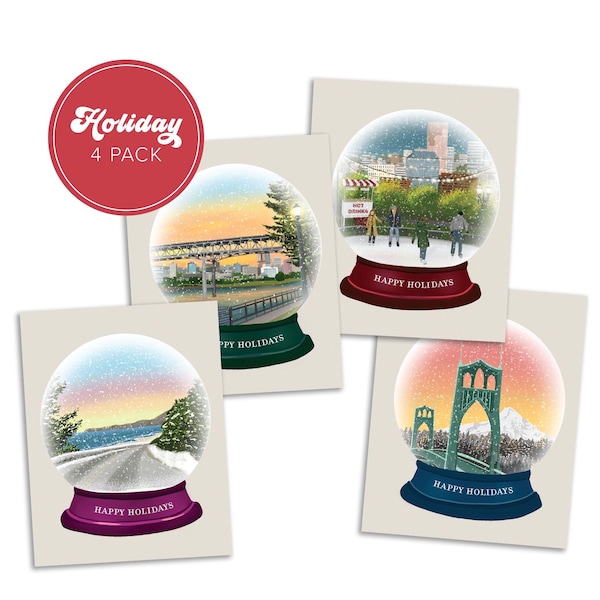 Portland Oregon Snow Globe Holiday Card Set | Blank Inside