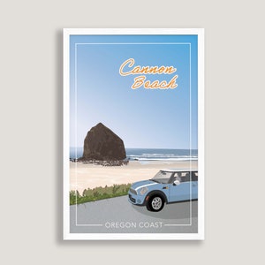 Cannon Beach, Oregon Coast | Vintage Travel Poster | Mini Cooper Art