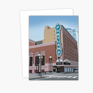 May include: A vintage-style illustration of a building with a large sign that reads "PORTLAND" in blue and white letters. The building is brick with a few windows and a marquee that says "COMING SOON / PORTLAND", also in blue and white.