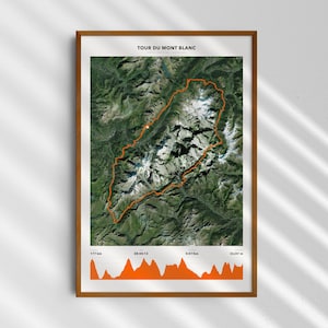 Pode incluir: Uma impressão de parede emoldurada com uma vista de satélite do Tour du Mont Blanc com um contorno de trilha laranja. Abaixo do mapa, um gráfico de perfil de elevação laranja exibe estatísticas incluindo 177 km, 28:44:13, 9:47/km e 10.247 m.