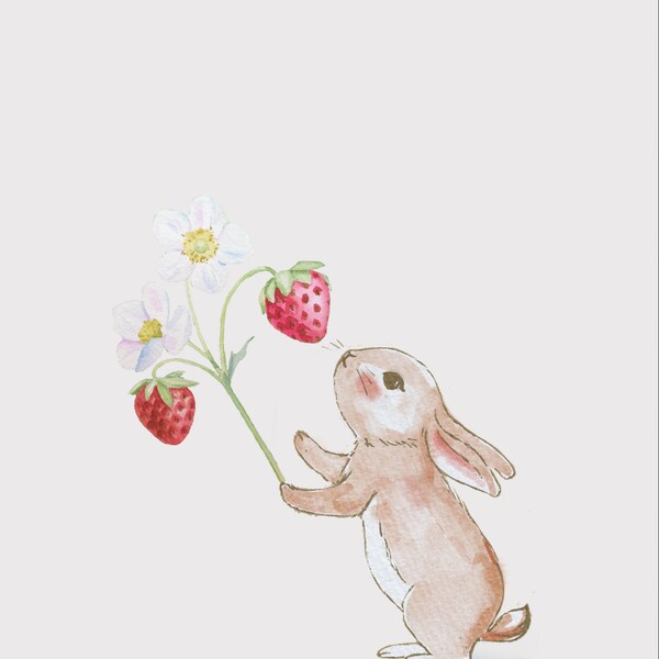 Strawberry Bunny Print / Nursery Decor, Baby, Bedroom Wall Art