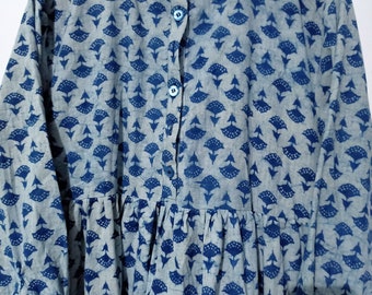 Indigo Block Print Cotton Dress, Handmade Skater Dress