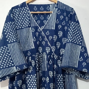 Patchwork Block, Indianer Kleid, Indigo Block Print, Handgefertigtes Baumwollkleid, Sketer Kreiskleid, Flapperkleid und Blusenkleid, langes Kleid