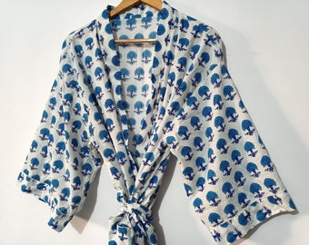 Handmade Block Print Cotton Kimono Robe: Blue Floral Dress