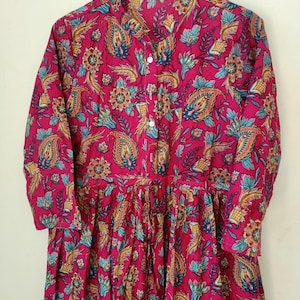 Floral rose,Robe indienne en coton à imprimé block,Robe circulaire Sketer faite main,Imprimé carré,Robe chemisier,Robe longue