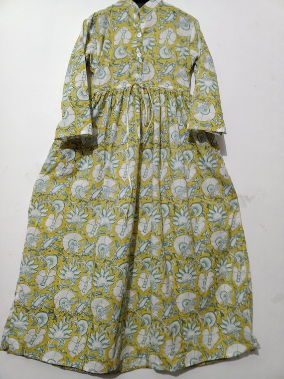 Hand Block Print Cotton Maxi Dress, Boho Floral Skater Dress