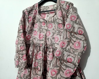 Handblock Floral Print Cotton Dress, Long Skater Style