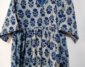 Vestido largo de algodón con estampado de bloques índigo: vestido largo indio hecho a mano