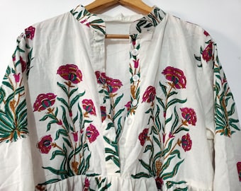 Robe en coton à imprimé floral Handblock, robe faite main, robe circulaire en forme de cercle, robe clapet, robe chemisier, robe longue et courte