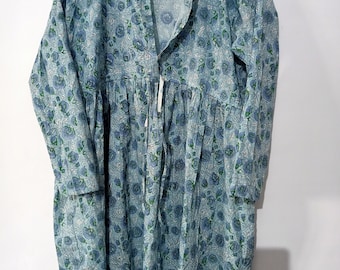 Handmade Indian Cotton Dress: Blue Floral Block Print Long Dress