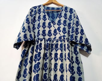 Indigo Block Print Cotton Dress: Handmade Skater Circle Dress