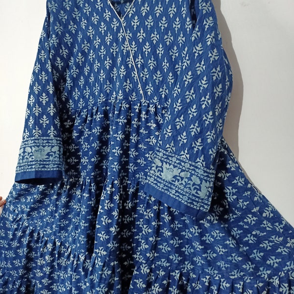 Indian Cotton Block Print Long Dress, Blue Tiered Summer Maxi Dress