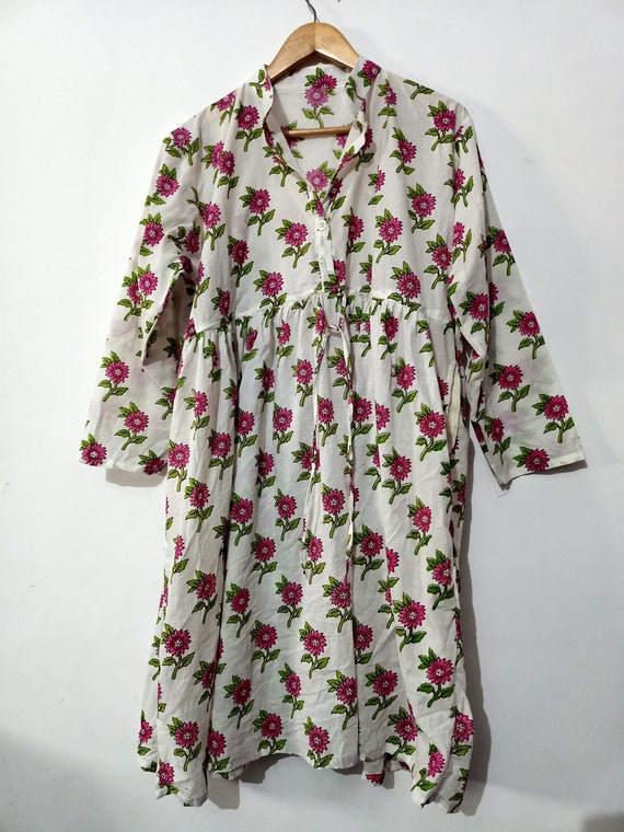 white indian cotton dress Floral Dress, Handmade Block Print, Long Indian outfit Color:CANDIED SUGAR ss-keep SIR. Yasmine Mini Dress 100% Cotton Fully lined