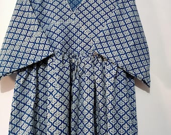 Handmade Indigo Block Print Cotton Dress: Skater Circle Pocket Dress