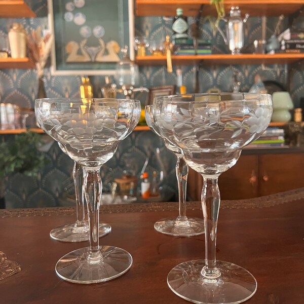 Vintage champagne glasses etched coupe glassware