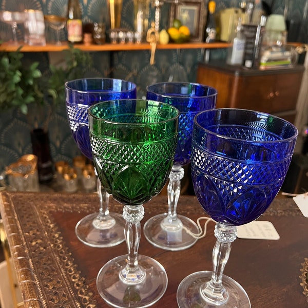 Vintage cut glass wine glasses, blue and green glassware