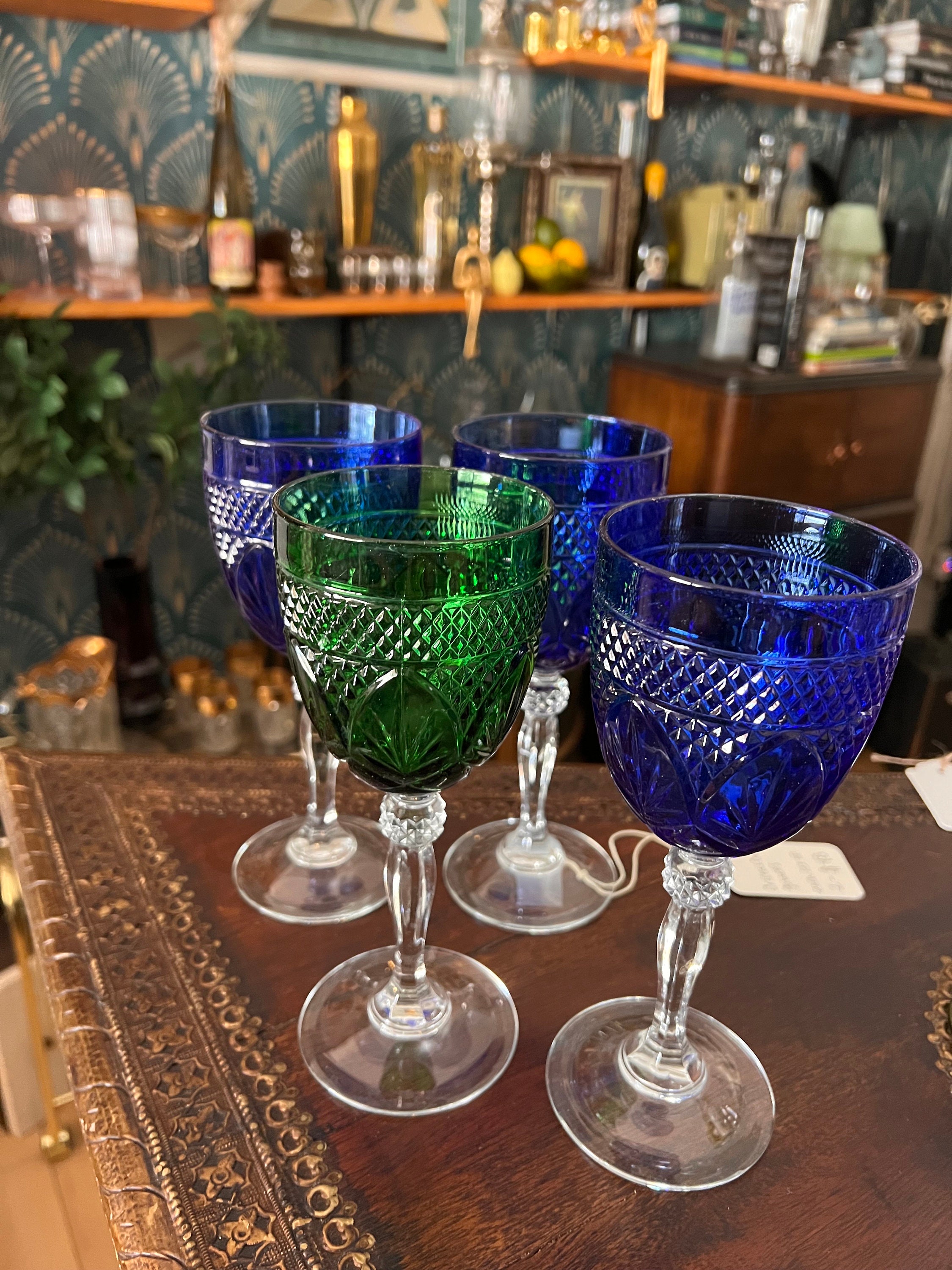 2 Monarch Crystal Lagoon Martini Glasses Set Blue Green Gold Drinking Bar  Ware