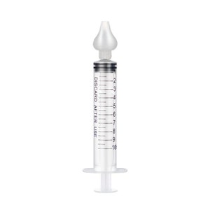 K&ouml;nnte beinhalten: Eine klare Nasenspritze aus Kunststoff mit einer Skala von 1 bis 10 ml. Die Spritze hat eine weiche, flexible Spitze und ein Etikett mit der Aufschrift "NACH GEBRAUCH ENTSORGEN".