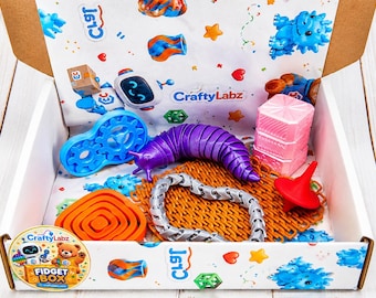 May include: A white cardboard box labeled CraftyLabz containing various plastic fidget toys including a blue gear mechanism, a purple articulated slug, a silver chain, a red spinning top, orange square rings, and pink stacked cubes.