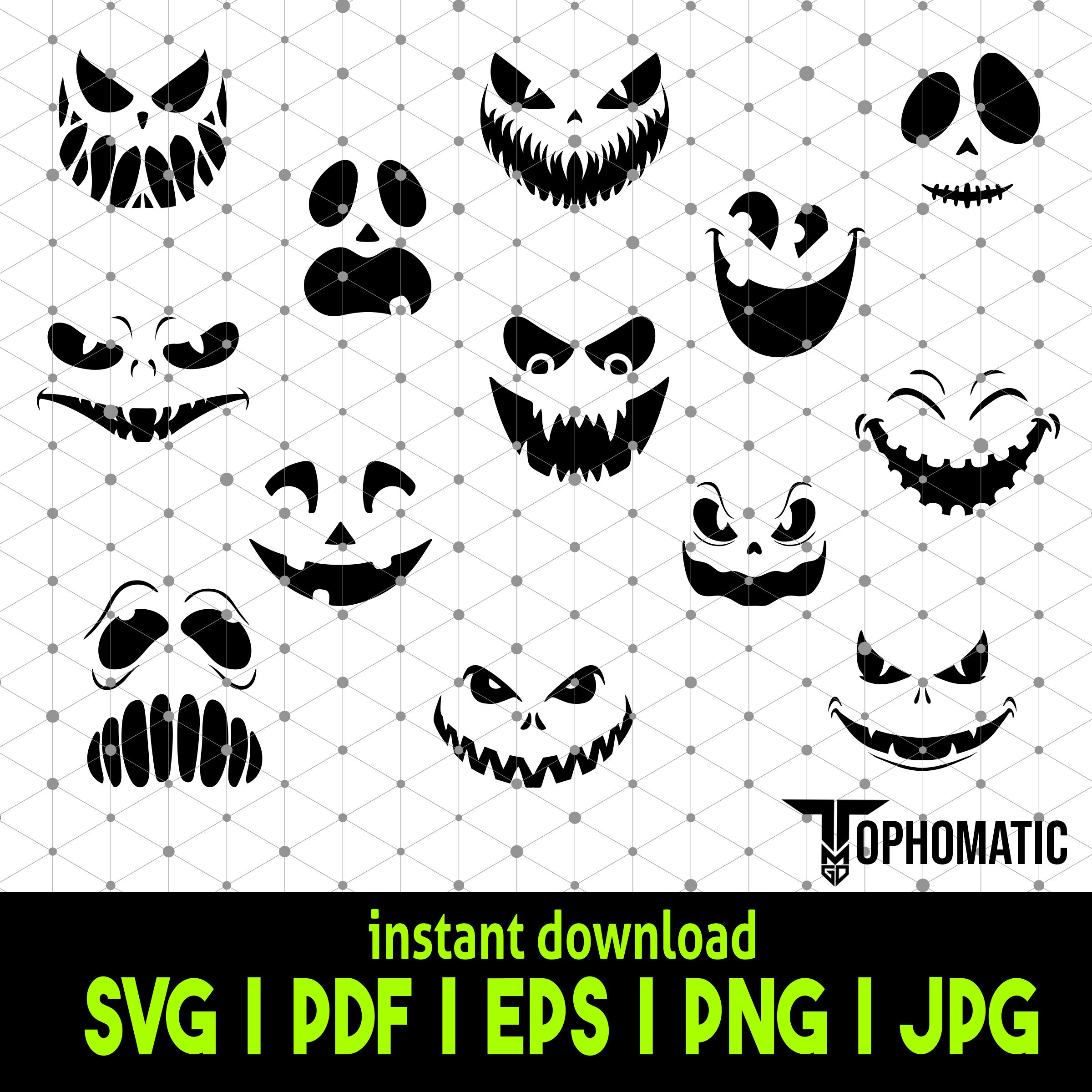 Pumpkin Faces SVG Bundle - 13 Halloween Jack O' Lantern Designs, Craft ...